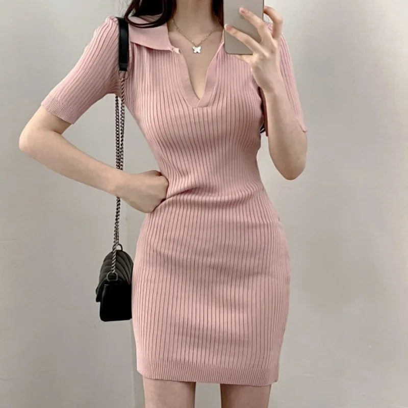 Short Sleeve Dress Women Slim Knitting Female Clothes Summer Streetwear Vacation Casual Soft Sweet Basic Ulzzang Vestidos