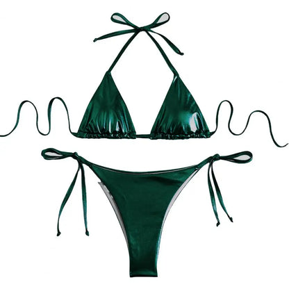 Solid Color Halter Neck Strap Thong Women Swimsuit Two Pieces Bikini Set Bronzing Surface Lace-up Briefs Beach Swimwear Swimsuit