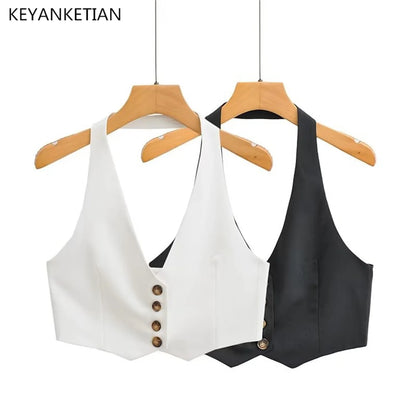 KEYANKETIAN Summer New Single-Row Buttoned-Up Hanging Neck Ultra Short Waistcoat Vest Women's Casual Backless Suspender Top