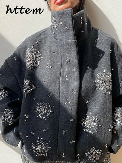 Street Women's Snowflake Beading Woolen Coat Elegant Stand Collar Zipper Full Sleeve Jacket 2024 Autumn Winter Lady Chic Outwear