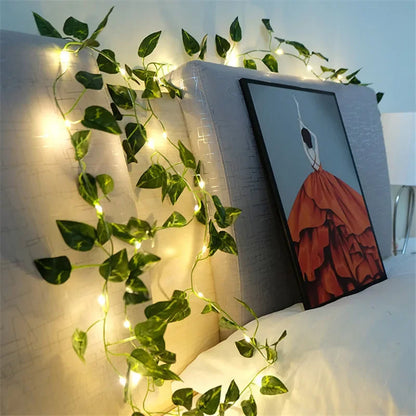 Lichterkette mit grünen Blättern, künstliche Rankenlichter, batteriebetrieben, Weihnachtsbaumgirlande für Hochzeiten und Heimdekoration