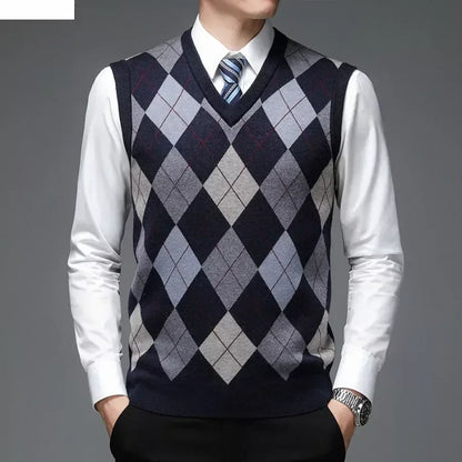 New  Men's Casual Knitted Wool Sweater Vest V-neck Knit Pullover Jacquard Plaid Sleeveless Tops Business Office Men's Vest