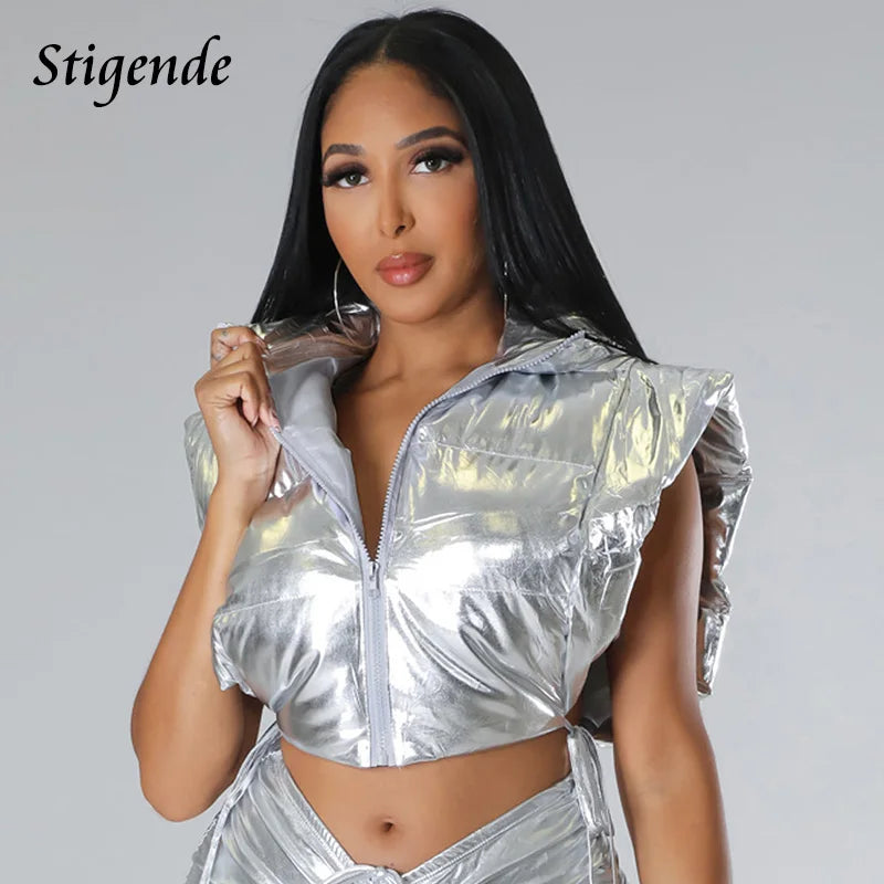 Stigende Golden Puffer Vest Parkas Women Zipper Shiny Hooded Waistcoat Bandage Side Split Sleeveless Crop Tank Tops Coat Jacket