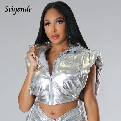 Stigende Golden Puffer Vest Parkas Women Zipper Shiny Hooded Waistcoat Bandage Side Split Sleeveless Crop Tank Tops Coat Jacket