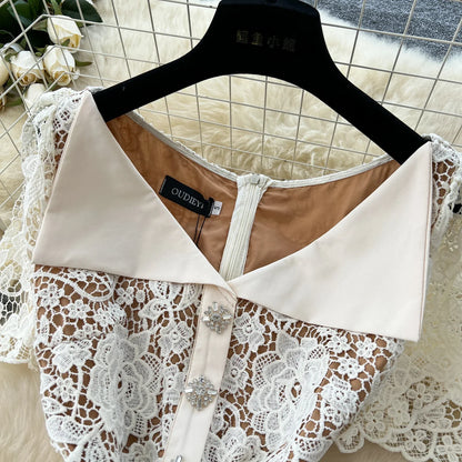 Women V-neck Vintage Short Sleeve Elegant Hook Flower Hollow Lace Chic Rhinestone Slim Dress French Evening High Street Clothing