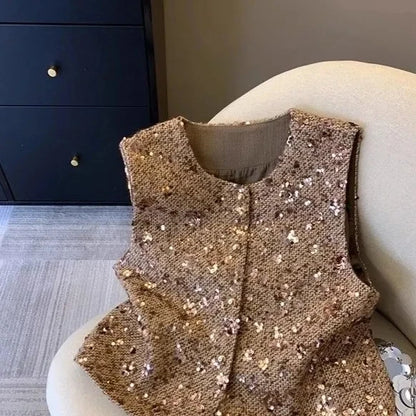 2025 New Women Heavy Sequins Fragrance Vest Coat Splicing New Vest Jacket Sleeveless Top Women Spring Summer Vest Jacket Female