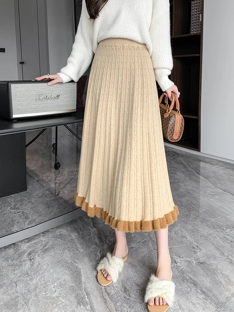 SMTHMA Mink Fur Skirt For Women's 2026 New Autumn Winter Elastic High Waist Knitted Skirt Ladies Mid Ruffle Pleated Skirt