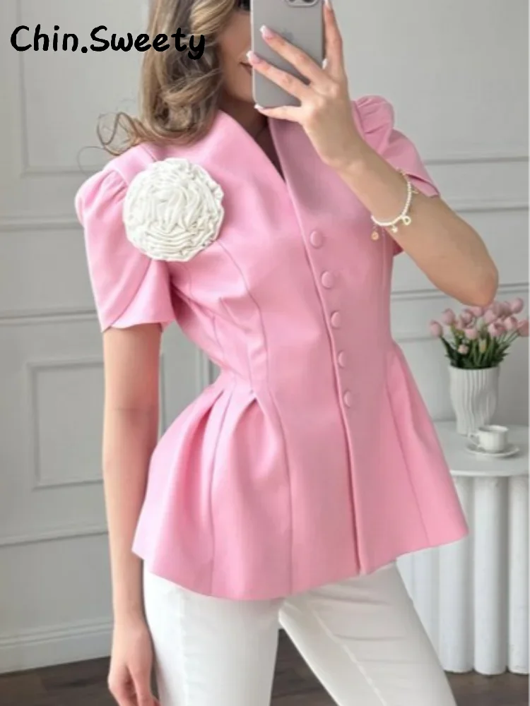 Fashion Women's 3D Flower Fitted Jacket V-neck Single Breasted Short Sleeve Slim Waist Jackets 2025 Summer Lady Outwears New