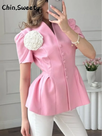 Fashion Women's 3D Flower Fitted Jacket V-neck Single Breasted Short Sleeve Slim Waist Jackets 2025 Summer Lady Outwears New