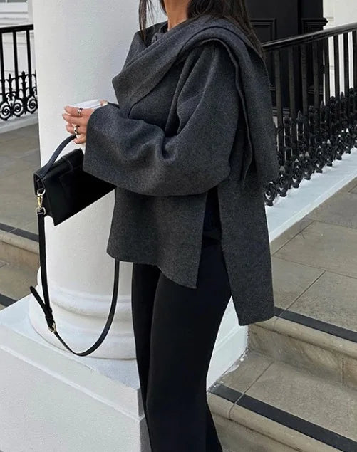 2025 Winter Female Scarf Coat Long Sleeve Knitted Asymmetric Jackets For Women Streetwear Causal Women Coats