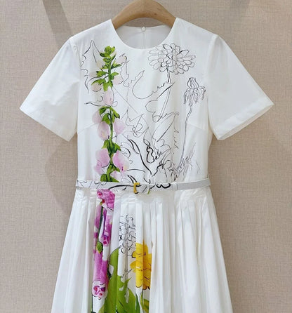 Top Quality New 2026 Spring Summer Dress Women Green Leaves Floral Print Pocket Patchwork Short Sleeve Mid-Calf White Dress
