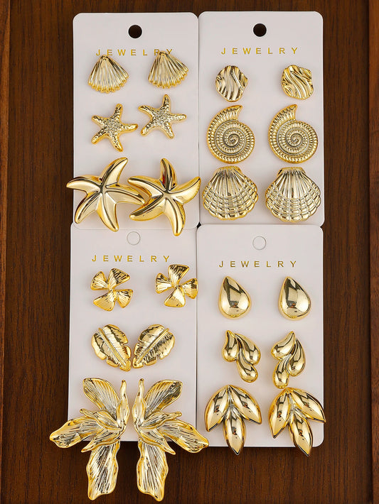 3-12pairs Fashion Minimalist Design, Plastic Material With Starfish, Seashell, Conch Multi-Element Earrings