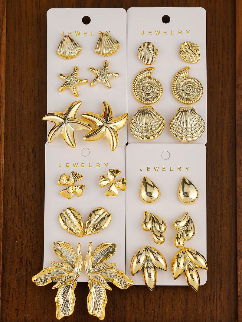 3-12pairs Fashion Minimalist Design, Plastic Material With Starfish, Seashell, Conch Multi-Element Earrings