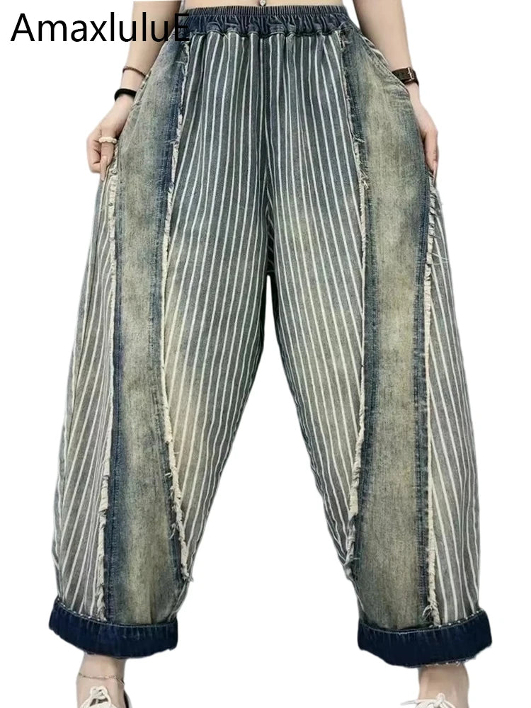 Amax luluE 2024 Summer Females Fashion Denim Pants Women Loose Vintage Striped Design Jeans Ladies Casual Classic Harem Trousers
