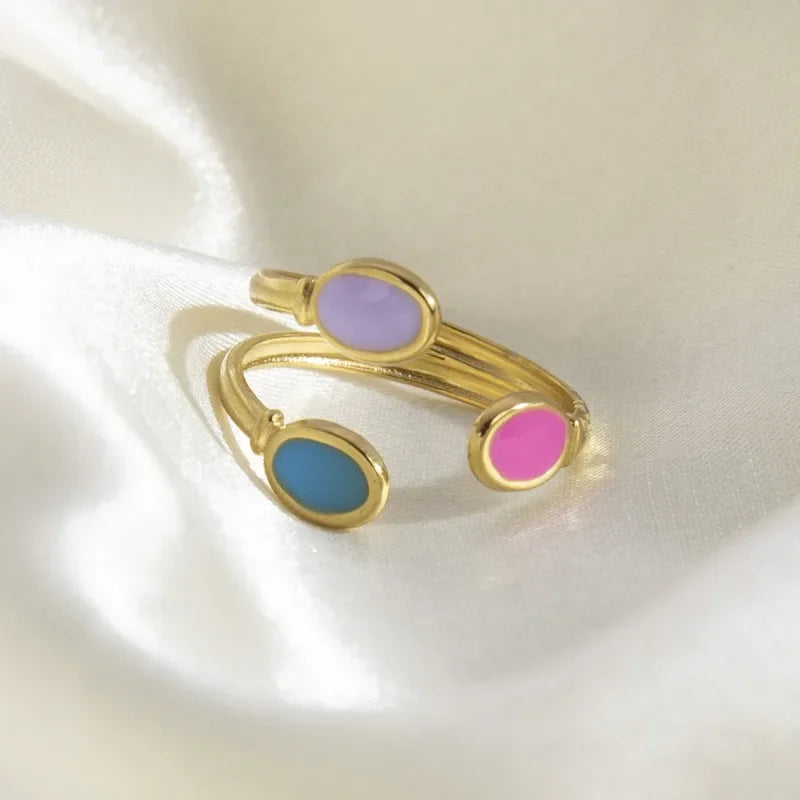 Boho Enamel Geometric Leaf Sunflower Open Rings Gold Plated Stainless Steel Rings For Women Aesthetic Couple Party Jewelry Gifts