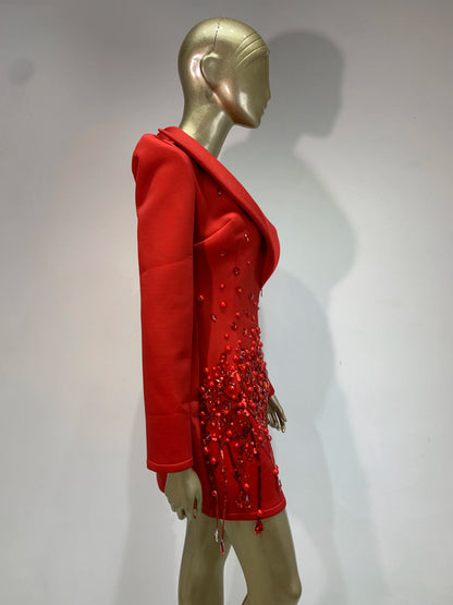 Sparkly Crystal Pearls Long sleeves Mini Dress Red Fashion Luxury Birthday Evening Party Nightclub Outfit Singer Stage Costume ﻿