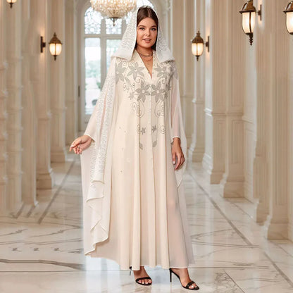 Middle East African Dresses for Woman Luxury Diamond Bead Muslim Long Robe Veiled Women Wearing Hooded Cloak Bat Sleeve Dress