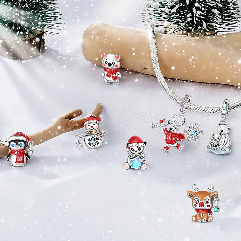Original 925 Sterling Silver Charms Beads Winter Snowflake Snowman Igloo Penguin Pendant Fit Bracelet Women Jewelry Gift