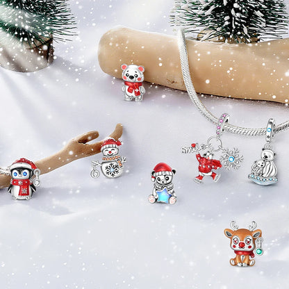 Original 925 Sterling Silver Charms Beads Winter Snowflake Snowman Igloo Penguin Pendant Fit Bracelet Women Jewelry Gift
