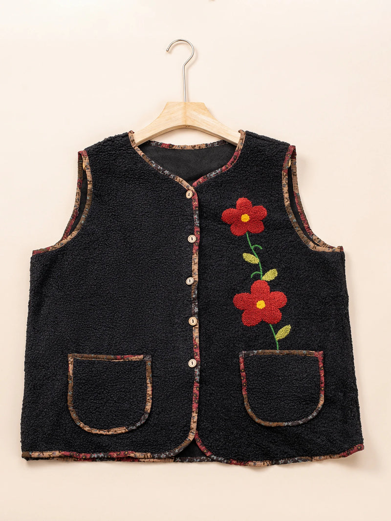 Autumn And Winter Warm Vest One Size Embroidered Flower Suede Lamb Vest Coat With Pockets For Women Sleeveless Loose Jacket