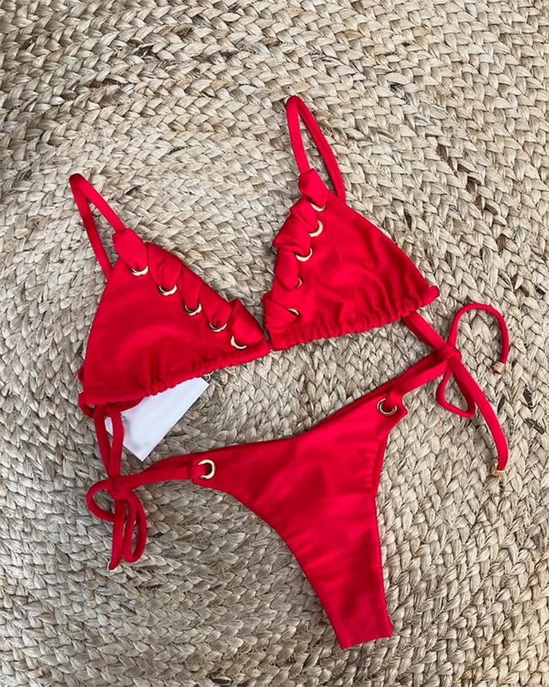 Sexy Solid Bikini 2024 Women Solid Red Halter Push Up Bra Tie Side Triangle Swimsuit Summer Bathing Suit Lace Up Micro Swimwear