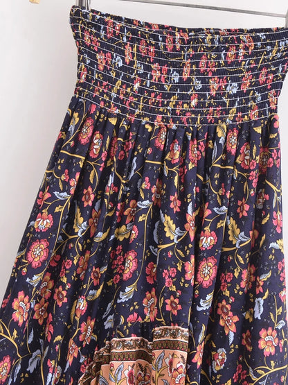 Vintage Chic Fashion Women Floral Print  High Low Beach Bohemian Skirt Elastic Waist Irregular Sexy Maxi Boho Skirts Femme