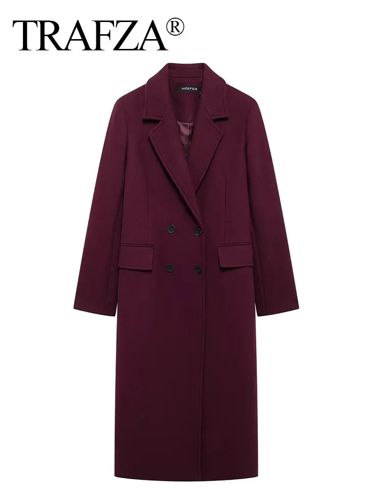 TRAFZA Women Elegant Burgundy Woolen Coat Double Breasted Turn Down Collar Windbreaker Jacket Fashion Lady High Street Outerwear
