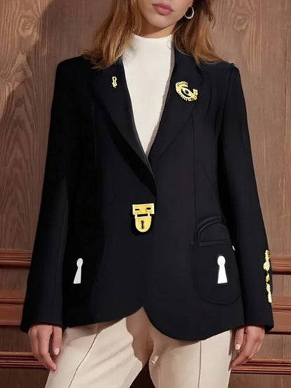 ZMEENNA Elegant Black Blazer For Women With Lock And Key Details And Gold Adornments Stylish And Unique Outerwear ZM4108
