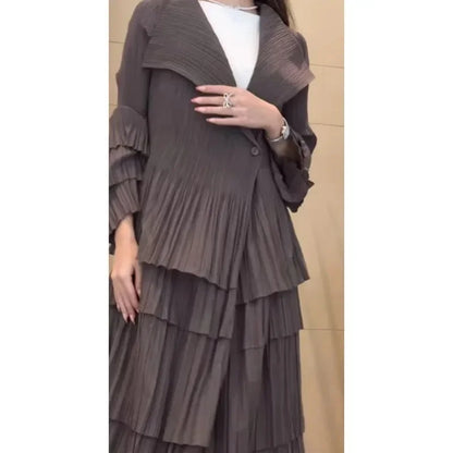 YUDX Miyake Pleated Spliced Ruffles Trench Coat Women Lapel Full Flare Sleeve Single Button Solid Color New 2025 Outwear Tops