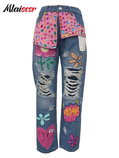 Mlaiscsr Harajuku Print Diamond Patchwork Baggy Jeans Women Mid Waist Button Pocket Denim Wide Leg Pants y2k Birthday Trousers