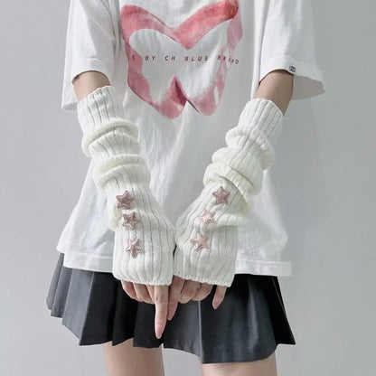 Punk Solid Color Star Knitted Gloves Y2k Gothic Wool Sleeve Cuff Long Hand Sleeve Arm Warmers Winter