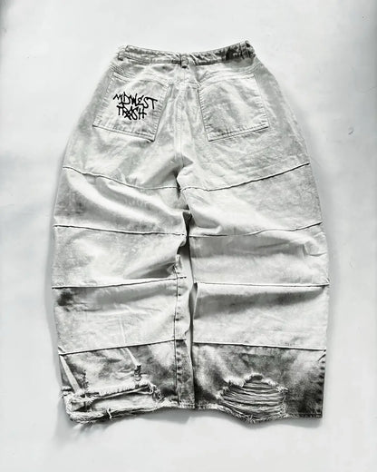European American Retro Street Rock Destruction Heavy Industry Washing Brushed Jeans Men's High Street Niche Art Wide-leg Pants