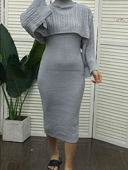 Women's Sweater Dress Set Autumn Winter New 2025 Solid Turtleneck Ribbed Sweater & Knitted Strap Dress Sets Matching Outfit