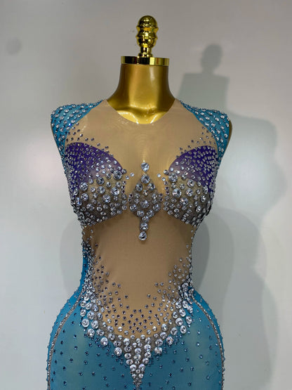 Women Sexy Evening Party Gowns Sparkly Diamonds See Through Mesh Stretch Asymmetrical Dress Celebrity Elegant Singer Outfit