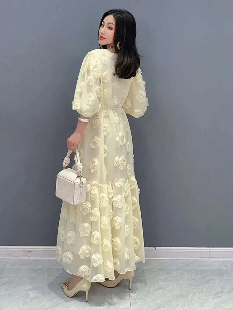 SHENGPALAE Fashion Rose Blossom Bubble Sleeve V-Neck Dress Elegan Chic Short Sleeve Robe Women's 2024 Summer New Clothing 5R3438