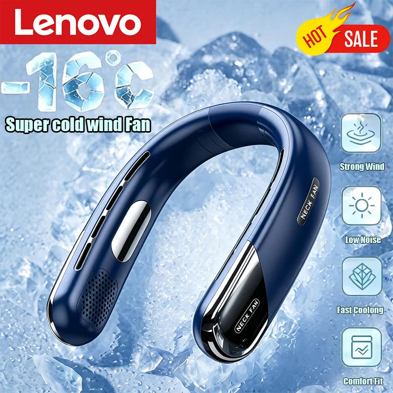 Lenovo 10000mAh Portable Neck Fan Bladeless Silent Fan USB Rechargeable 3 Speeds Mute Wireless Electric Neck Cooler Fan 2026New