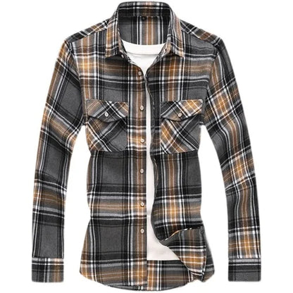 2026 New Men's Long Sleeved Plaid Shirt, with Two Chest Pockets Single Breasted Lapel Cotton Shirts Big Size Male Top Chemise