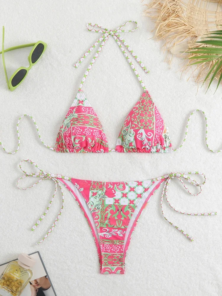 Bikini Women Swimsuit 2026 New Print Halter Bikinis Set Sexy Thong Swimwear Summer Two Piece Backless Beach Bathing Suit Female