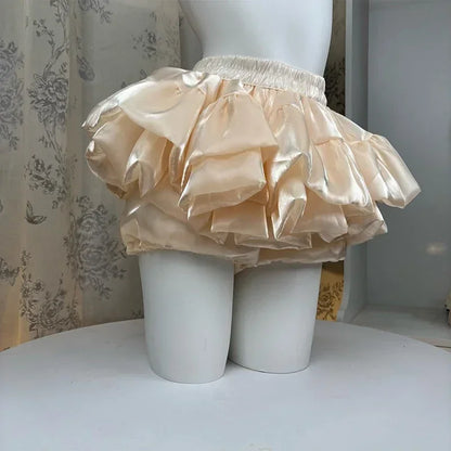 Sweet Elastic Waist Short Skirt Chic Ruffle Cake Princess Satin Puffy Skirt