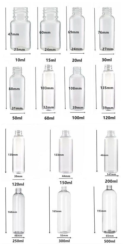 empty Plastic bottle ,1oz/2oz 15/20/30ml/50/100ml 120ml 150/200ml 250/300ml 500ml clear PET bottle with plastic aluminum Lid cap
