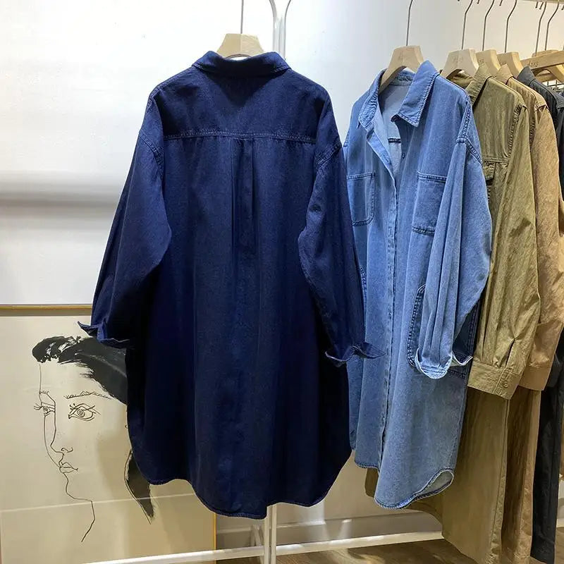 Polo Collar Mid-length Denim Jacket for Women Spring and Autumn Loose Shirt Long Sleeve Top