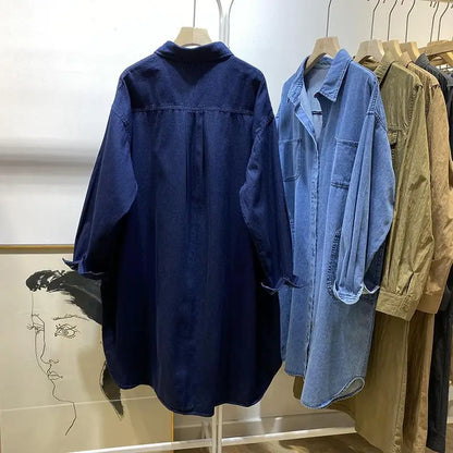 Polo Collar Mid-length Denim Jacket for Women Spring and Autumn Loose Shirt Long Sleeve Top