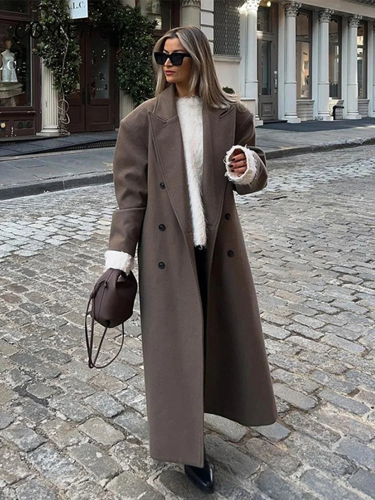 Elegant Solid Women Woolen Long Coats Loose Lapel Double-breasted Full Sleeve Shoulder Pads Overcoat 2026 Spring New Outerwears