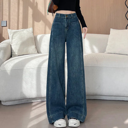 High Street Fashion Stretch Denim Wide-leg Pants, Women's Spring and Autumn New High-waisted Narrow Version Straight Leg Jeans