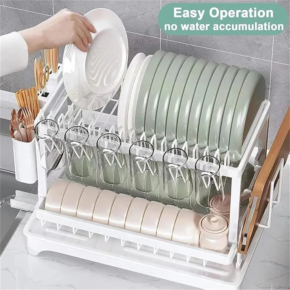 2-Tier Dishs Drying Rack - Rustproof Multifunctional Dish Racks with Drainboard, Space-Saving Design, Utensil & Cup Holder