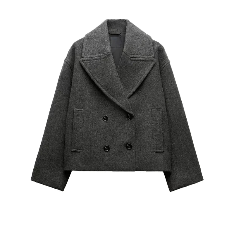 Casual Short Woolen Blends Coats Women Loose Lapel Bouble Breasted Pocket Full Sleeve Jacket 2025 Autumn Winter Lady Solid Coat