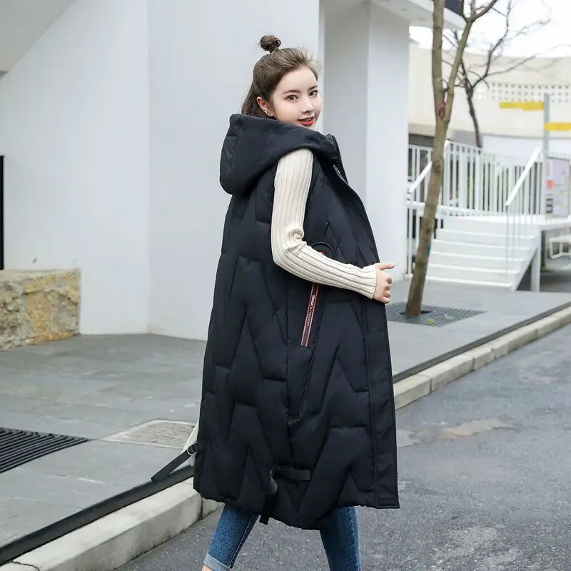 2025 Oversized Cotton Vests Sleeveless Coat Women Autumn Winter Hooded Waistcoat Puffer Parkas Long Warm Down Cotton Outwear