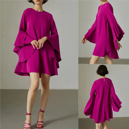 2024 Spring Autumn Fashion Solid Mini Dress New Elegant Women's Round Neck Ruffled Sleeves Loose Casual Office Lady Dresses Robe