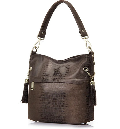 100% Genuine Leather Women's Shoulder Handbags Shiny Embossed Lady Suede Cowhide Real Leather Bags New Cross Body Bucket Bag