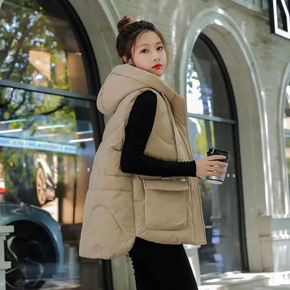 Women Hooded Vest autumn Winter new Fashion Padded Down Cotton Waistcoat thick Warm sleeveless jacket Female Loose Outwear T580